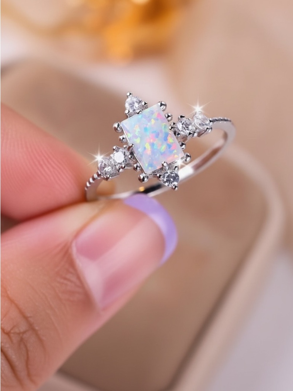 Opal Halo S925 Sterling Silver Ring with White Fire Opal Center. New. - Picture 6 of 9